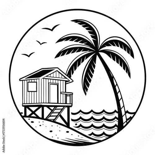 Tropical beach scene with a stilt house and palm tree