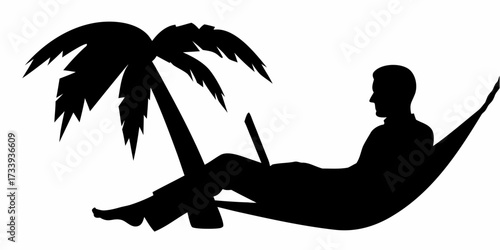 Man working on laptop in hammock under palm tree, embracing remote work and tropical freedom for ultimate productivity and relaxation.