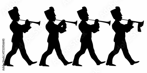 Dynamic marching band members in silhouette playing trumpets in perfect formation, a vibrant celebration of music and unity for festive occasions
