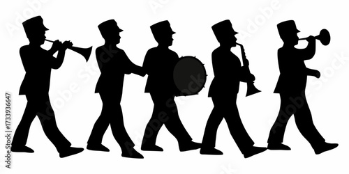 Dynamic marching band members playing instruments in unison, creating energetic and celebratory musical performances for festive events and parades