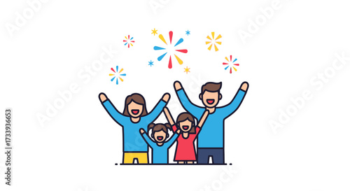 Animated family celebrating a special occasion with colorful confetti explosion above happy
