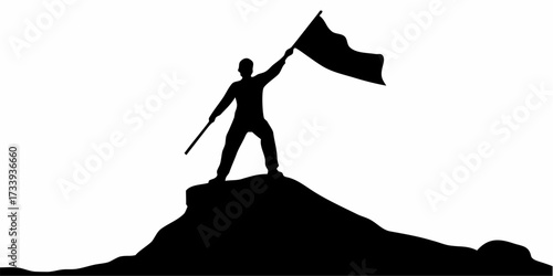 Triumphant silhouette celebrates summit success planting a flag on a mountain peak inspiring achievement and victory