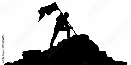 Silhouette of determined climber planting flag atop mountain peak symbolizing achievement and victory