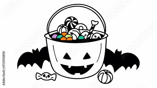 Halloween bucket filled with candy and treats with bat silhouette and loose candy piece nearby created with generated ai