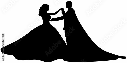 Elegant couple in silhouette, bride in flowing gown and groom in suit, dancing romantically on their wedding day, celebrating love and union.