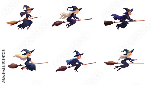 Cartoon Witches Flying on Brooms in Different Poses for Halloween