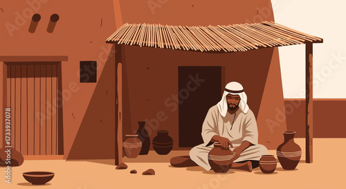 Arabian potter working on a clay pot in a traditional setting against a clay home