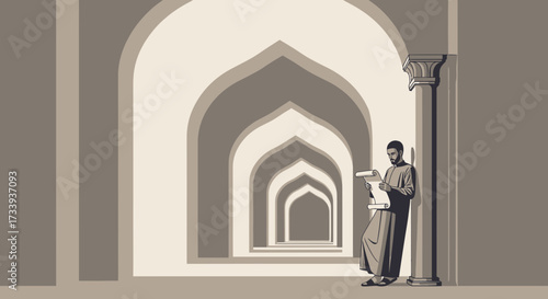 Arabian scholar examining old scroll, architectural archway with column historical scene ancient
