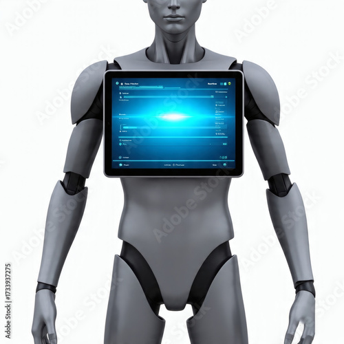 Android Or Robot With A Tablet Screen Embedded In Its Chest Displaying A Blue Interface