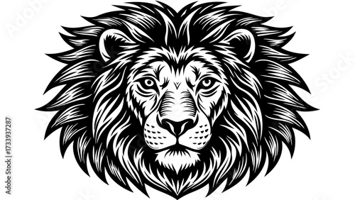 Illustration of a lion's head with a detailed mane in black and white vector graphic style design art created with generated ai