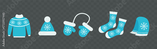 Winter clothes set. Vector cartoonish clipart isolated on dark background.