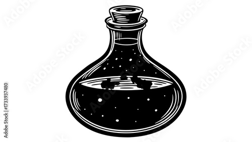 Isolated black and white drawing of a potion bottle with cork and dark liquid with floating objects inside it created with generated ai