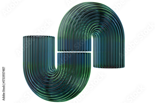 A dynamically curved, abstract S-shape of shimmering, translucent blue-green parallel tube, creating a fluid, reflective design
