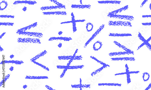 Creative seamless vector background of chalk and crayon brush education icons. Sketchy calculus pattern features isolated elements inequality signs, plus, minus, equal, multiply, divide and percent.
