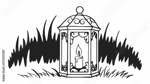 Illustration of an ornate lantern with a lit candle inside surrounded by grass in black and white created with generated ai
