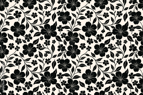 Seamless black floral pattern with blooming flowers and leafy branches on a beige background, ideal for fabric, wallpaper, wrapping paper, and elegant decor.
