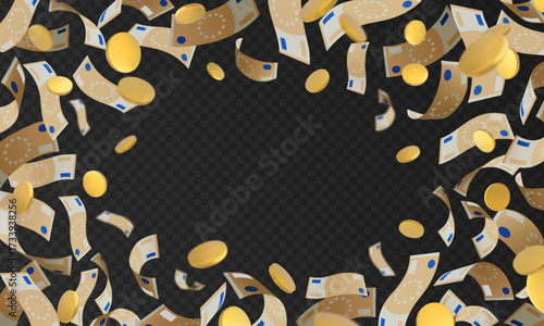 Euro banknote and golden coins fall vector frame, paper bills fly, realistic money cash, European currency explosion