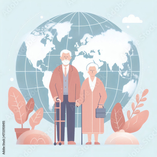 Elderly Couple Holding Hands In Front Of A Globe With Foliage And Soft Pastel Colors