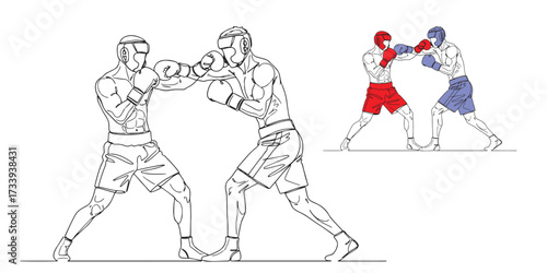 Minimal line art illustration of two boxers fighting in a ring, wearing gloves and protective headgear. Black and white vector drawing symbolizing sports competition, strength, fitness