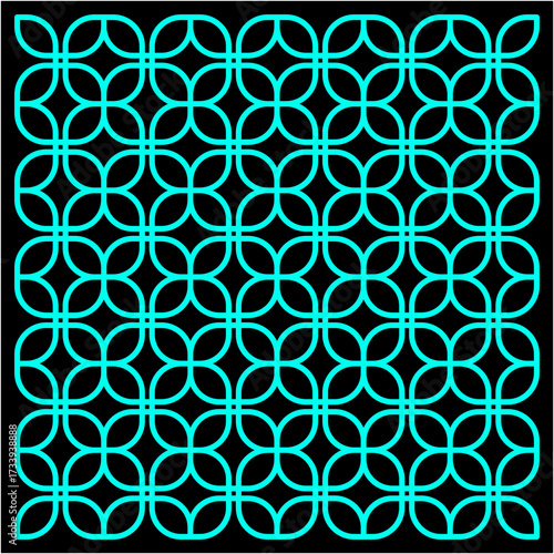 Interlocking cyan loops create endless floral geometry, glowing against black, weaving harmony, rhythm, and balance in a mesmerizing lattice of light.