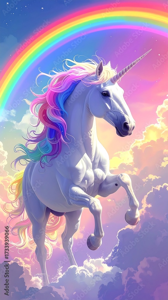 Fototapeta premium Magical unicorn in flight under a rainbow