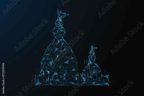 A futuristic representation of a castle or temple, built from a network of glowing blue lines and dots.