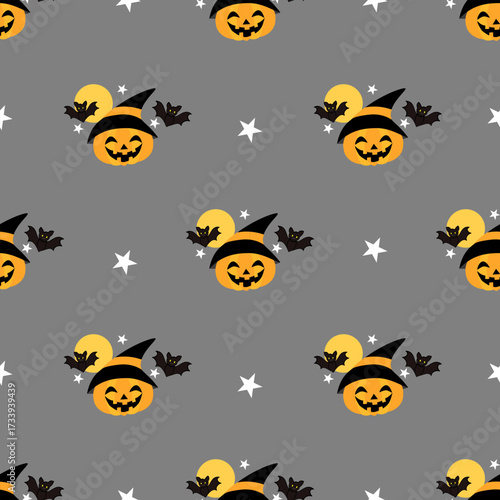 Seamless Halloween pattern with pumpkins, bats, stars, and moon on gray background. Perfect for wrapping paper, fabric, and party decor.