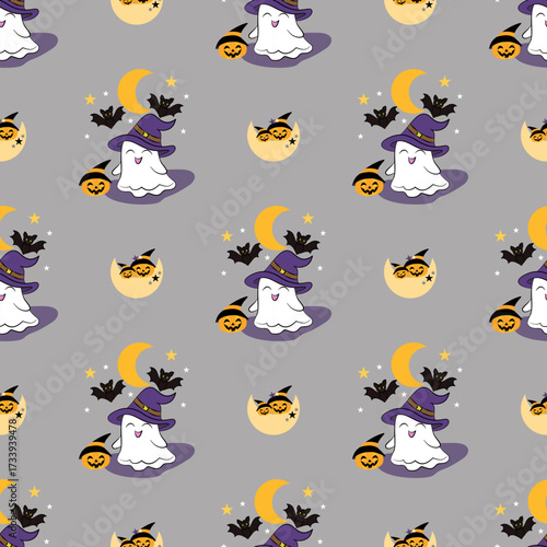 Seamless Halloween pattern featuring cute ghosts, pumpkins, bats, moon, and stars on gray background. Perfect for party supplies and digital papers.
