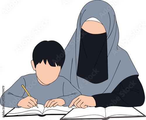 Muslim mother in a grey niqab supports her son as he writes and studies in a book, symbolizing learning, education, and family togetherness