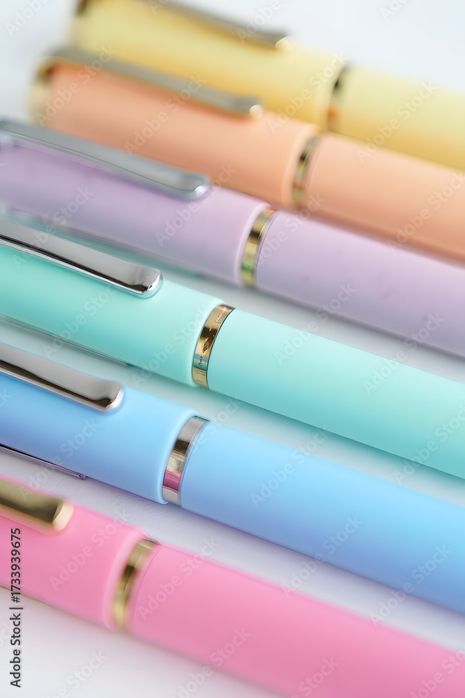 Fototapeta premium Pastel colored pens arranged neatly in a row for artistic and creative writing and drawing projects