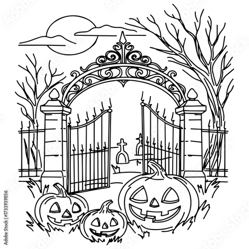 A scary illustration for Halloween coloring with a gothic gate on a cemetery and pumpkins.