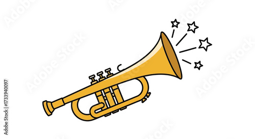 Vibrant golden trumpet illustration with radiating stars on a clean white background