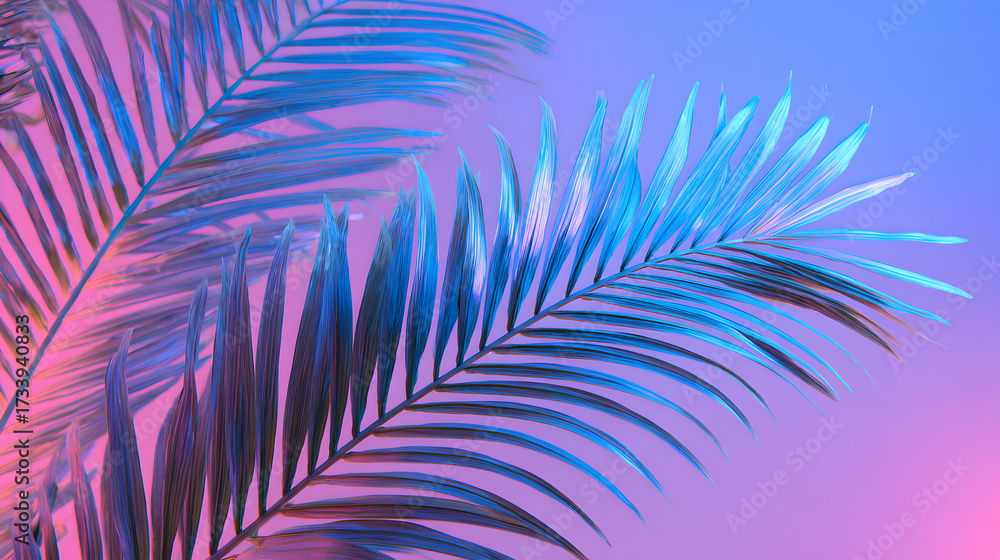 Fototapeta premium Closeup of vibrant palm fronds illuminated with neon pink and blue light, creating a dreamy, tropical atmosphere with a soft gradient background