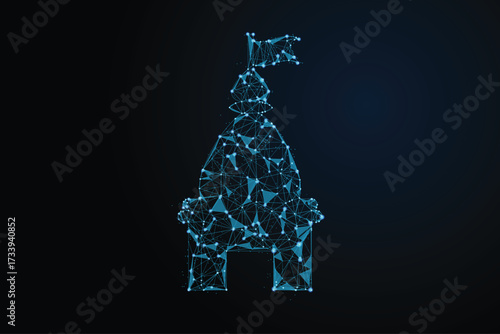 A futuristic representation of a castle or temple, built from a network of glowing blue lines and dots.