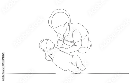Continuous one line drawing of toddler playing with his newborn sibling, symbolizing sibling love, innocence, and pure bond of family, single line art.