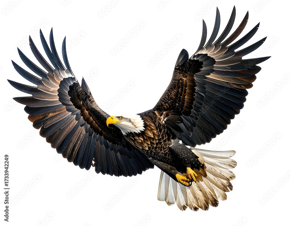 Fototapeta premium Majestic bald eagle soaring with wings outstretched against a black background
