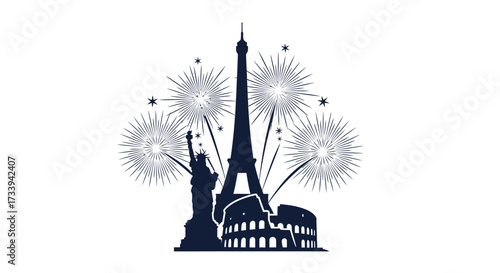 Iconic landmarks in silhouette with fireworks celebrate global unity and cultural harmony in a