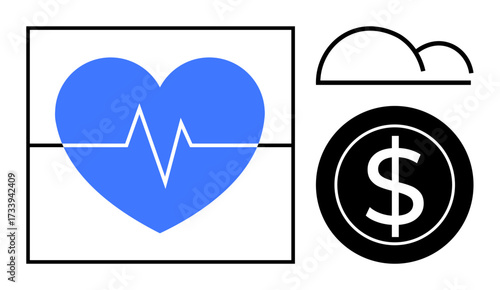 Blue heart with heartbeat line, black dollar coin, cloud graphic. Ideal for health, finance, technology, cloud computing, medical cost, wellness digital transformation simple flat metaphor