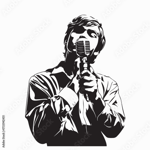 Confident Speaker Holding Microphone on Stage Before Audience Vector Silhouette