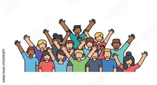 Diverse group of people celebrating unity and success with hands raised in teamwork and