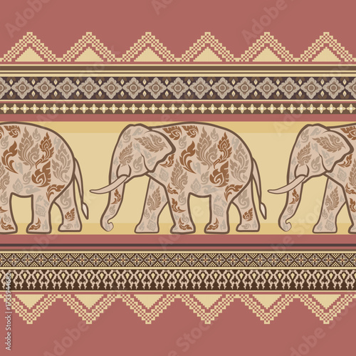 Seamless brown elephant pattern with red background and Thai ornamental motifs, ideal for textile, fabric, and cultural design.