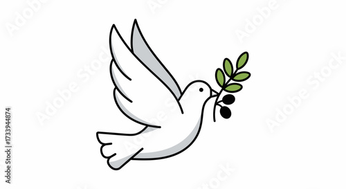 Peace dove illustration holding olive branch, symbol of peace, hope, and tranquility, isolated