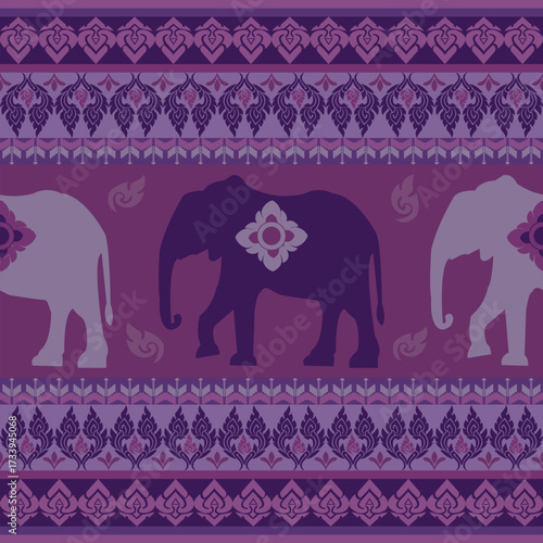 Elegant seamless Thai elephant pattern with purple ornamental design, perfect for textile, digital paper, and cultural artwork backgrounds.