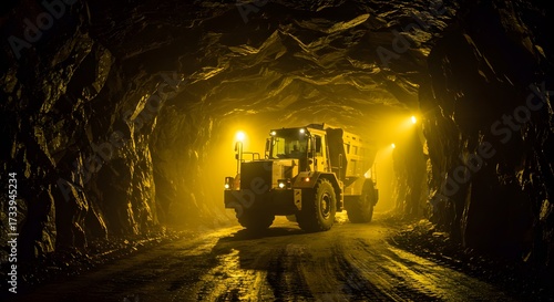 Mining truck operating inside a dark tunnel with bright yellow lighting