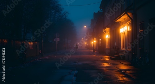 Misty street scene illuminated by streetlights at dusk