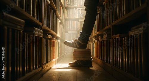 Persons foot on books in library knowledge education and learning concept