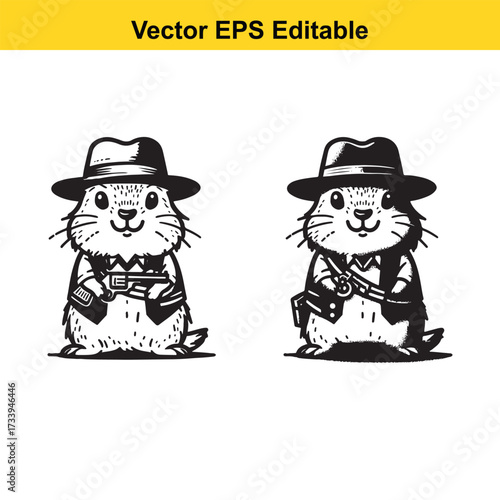 Two cartoon groundhog characters wearing hats and holding guns isolated on white background