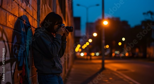 Photographer captures night scene on city street illuminated by streetlights