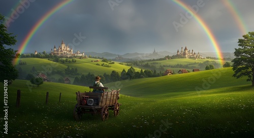 Scenic landscape with a rainbow over rolling hills and a horse drawn cart