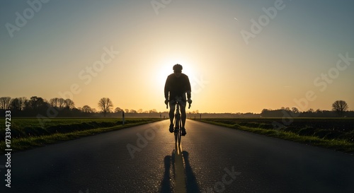 Silhouette of cyclist riding bicycle on road against setting sun